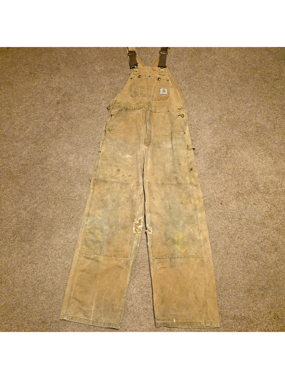 Carhartt Mens Brown Duck Double Knee Bib Overalls Distressed Workwear 29 Inseam